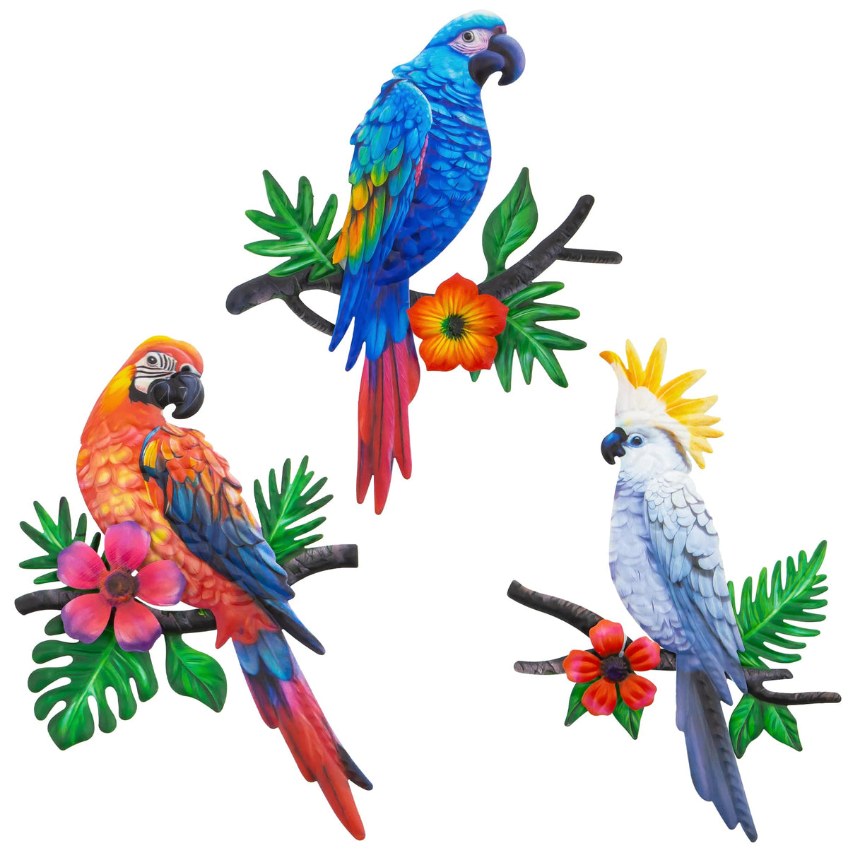 Weibefee parrot wall art trio showcases vibrant colors for outdoor garden display