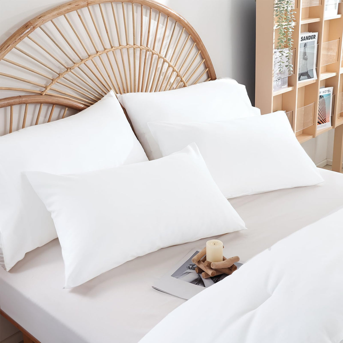 Weigelia white bedroom setup displays versatile, modern bedding.