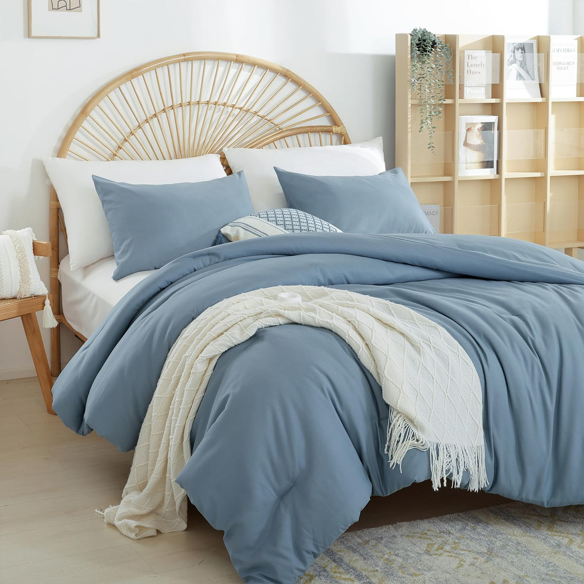 Weigelia grayish-blue set on bed reveals 2-piece twin configuration with pillowcase.