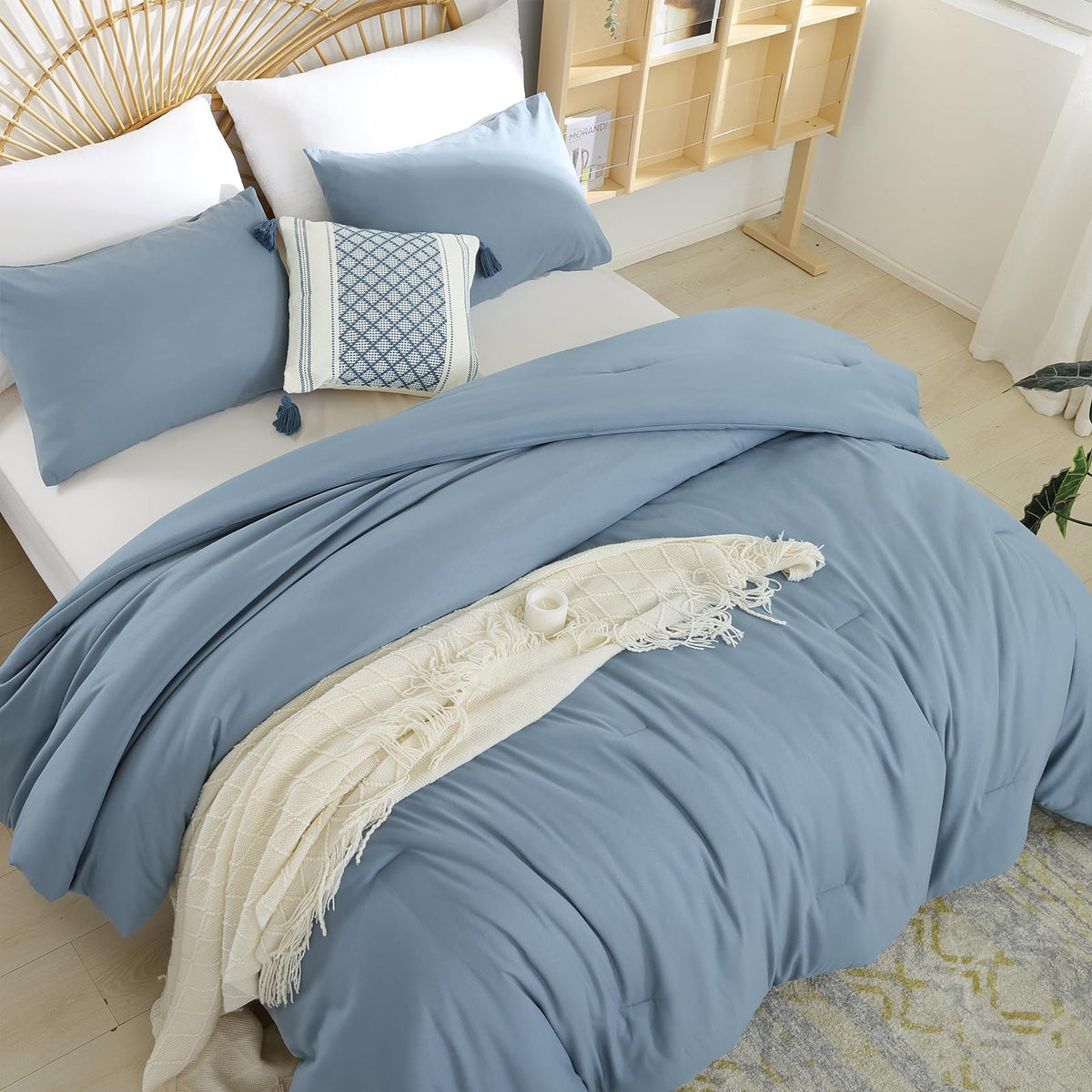 Weigelia dusty blue bedroom styling shot showcases chic Boho vibes.