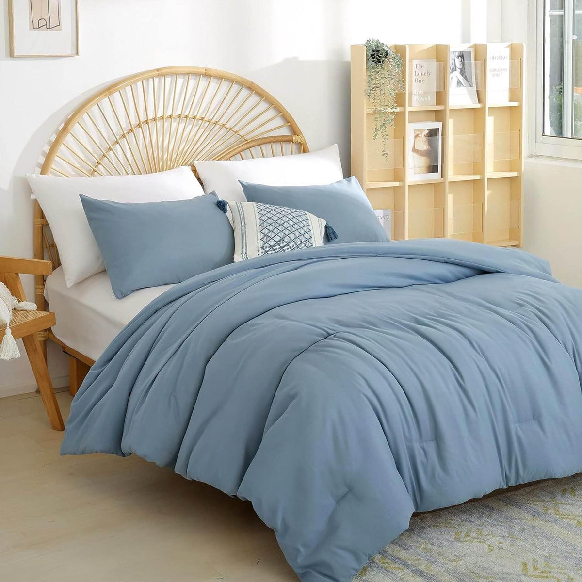 Weigelia boho twin comforter in dusty blue with pillowcase offers soft, breathable all-season comfort.