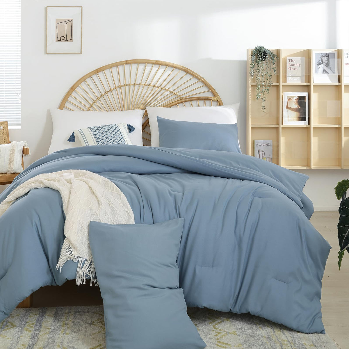 Weigelia comforter set in grayish blue highlights lightweight, cozy bedding option.