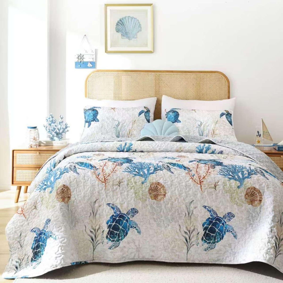 Weigelia coastal quilt sea turtle design enhances ocean-inspired bedrooms with a calming focal point.
