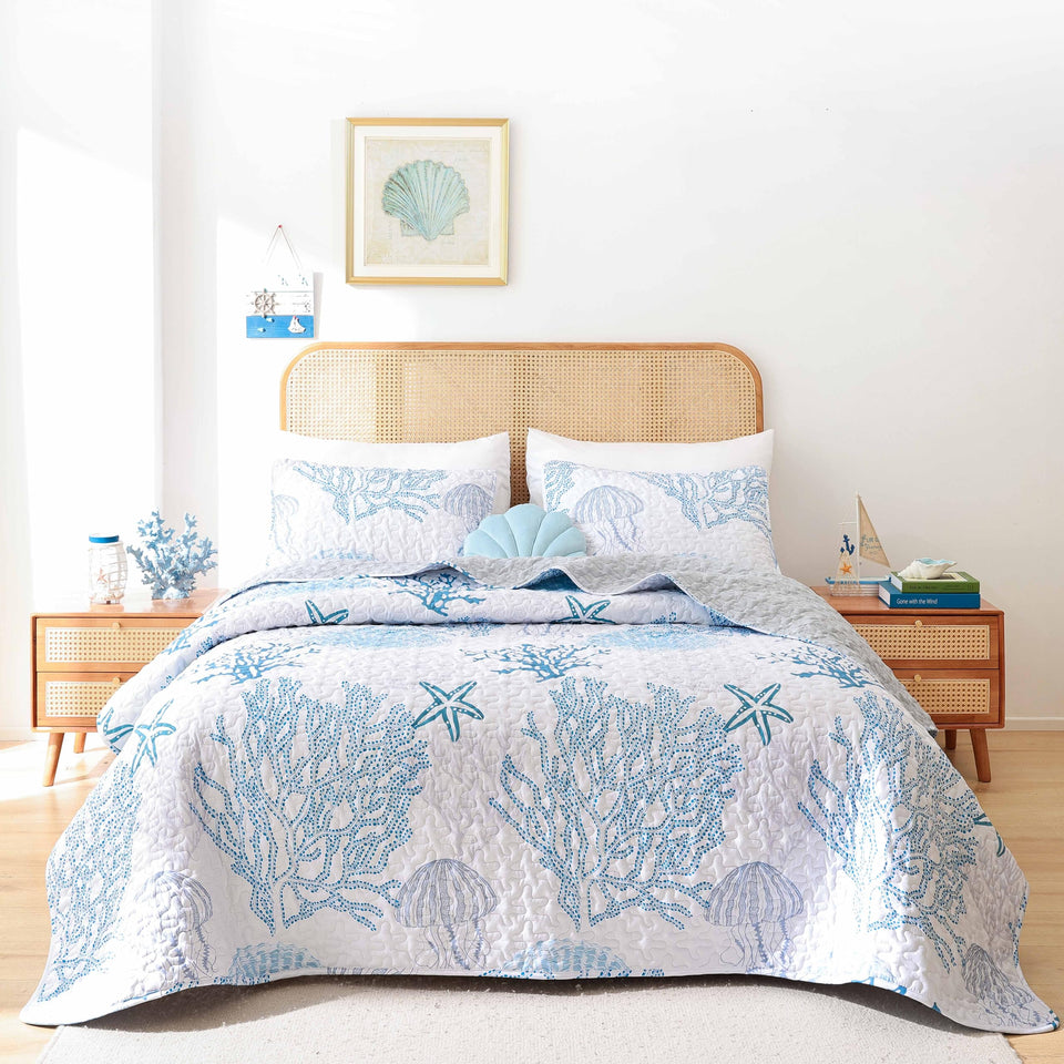 Weigelia coastal quilts on a bed scene showcasing lightweight comfort