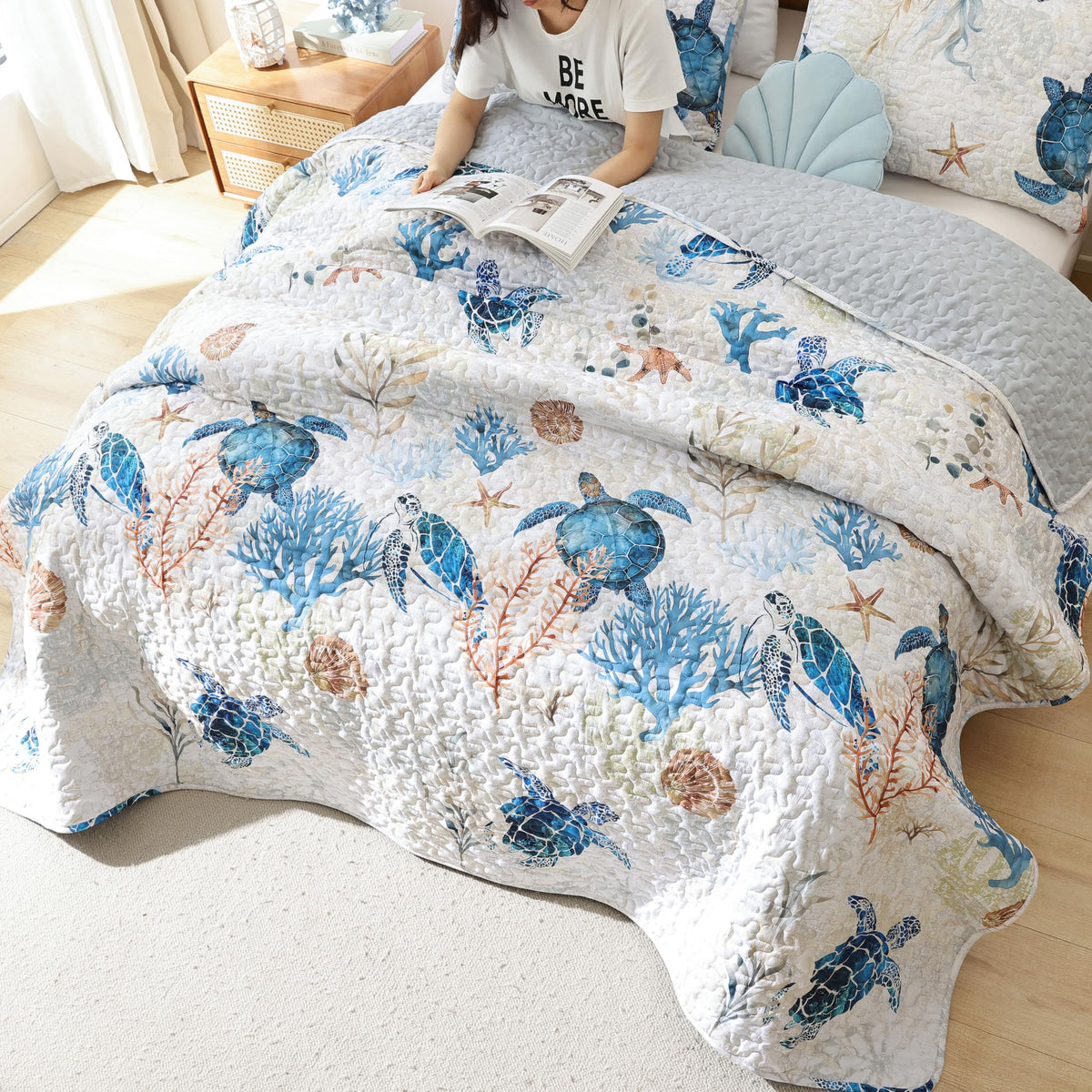 Weigelia coastal quilt twin shows sunlit sea scene for relaxing ambiance