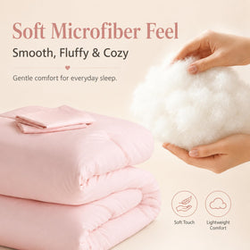 Weigelia comforter on bed in soft blush creates inviting, easy-care styling