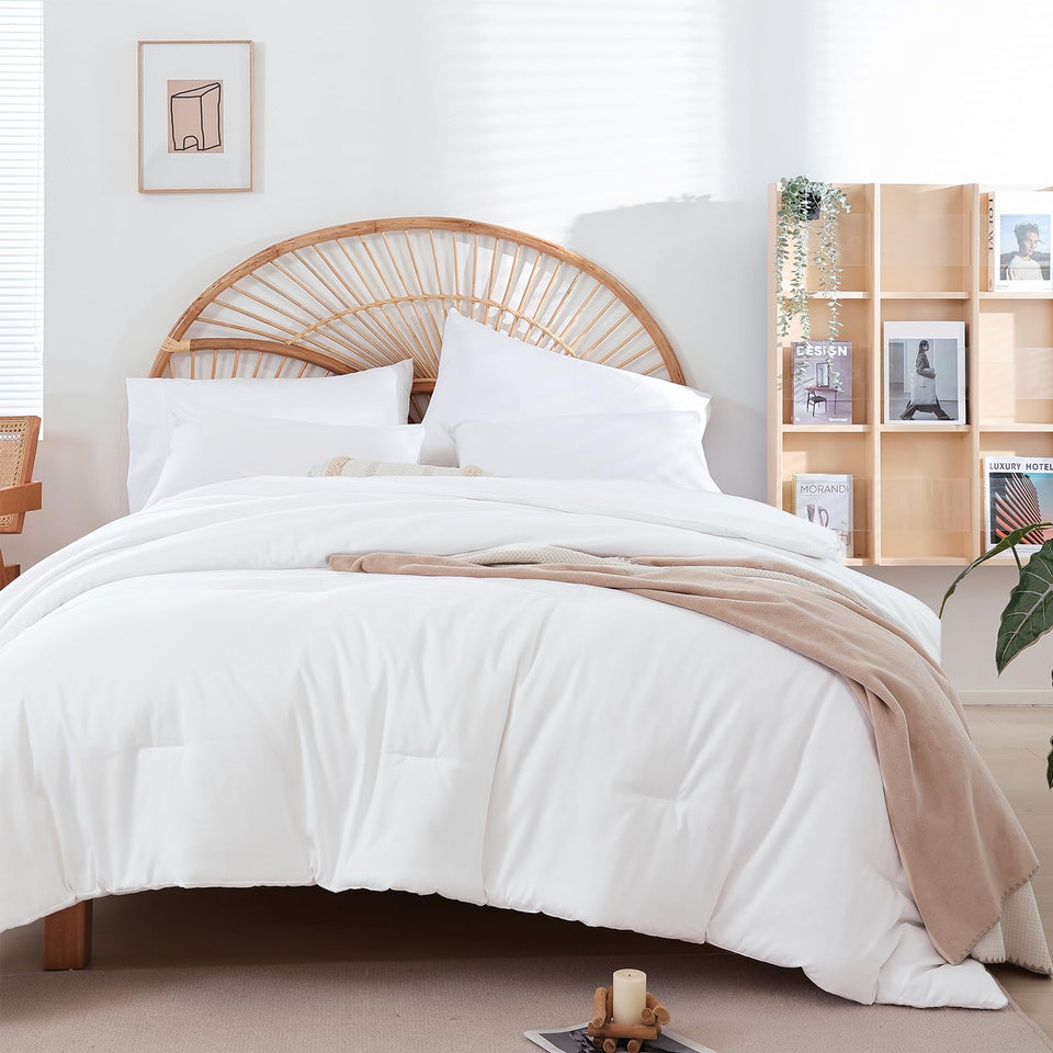 Weigelia full-size white comforter with a silky microfiber feel for all-season coziness.