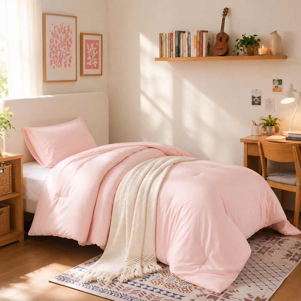 Weigelia pink comforter twin set with 66x90 inch cover, ideal for dorm rooms.