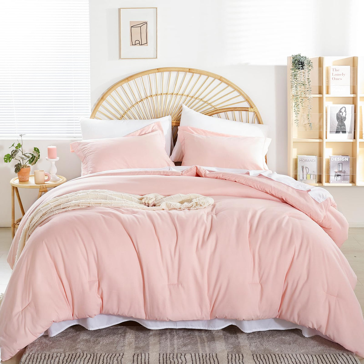 Weigelia twin comforter set in pink on bed showing coordinated bedding and soft warmth.