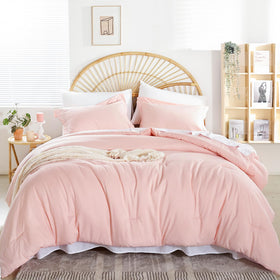 Weigelia twin comforter set in pink on bed showing coordinated bedding and soft warmth.