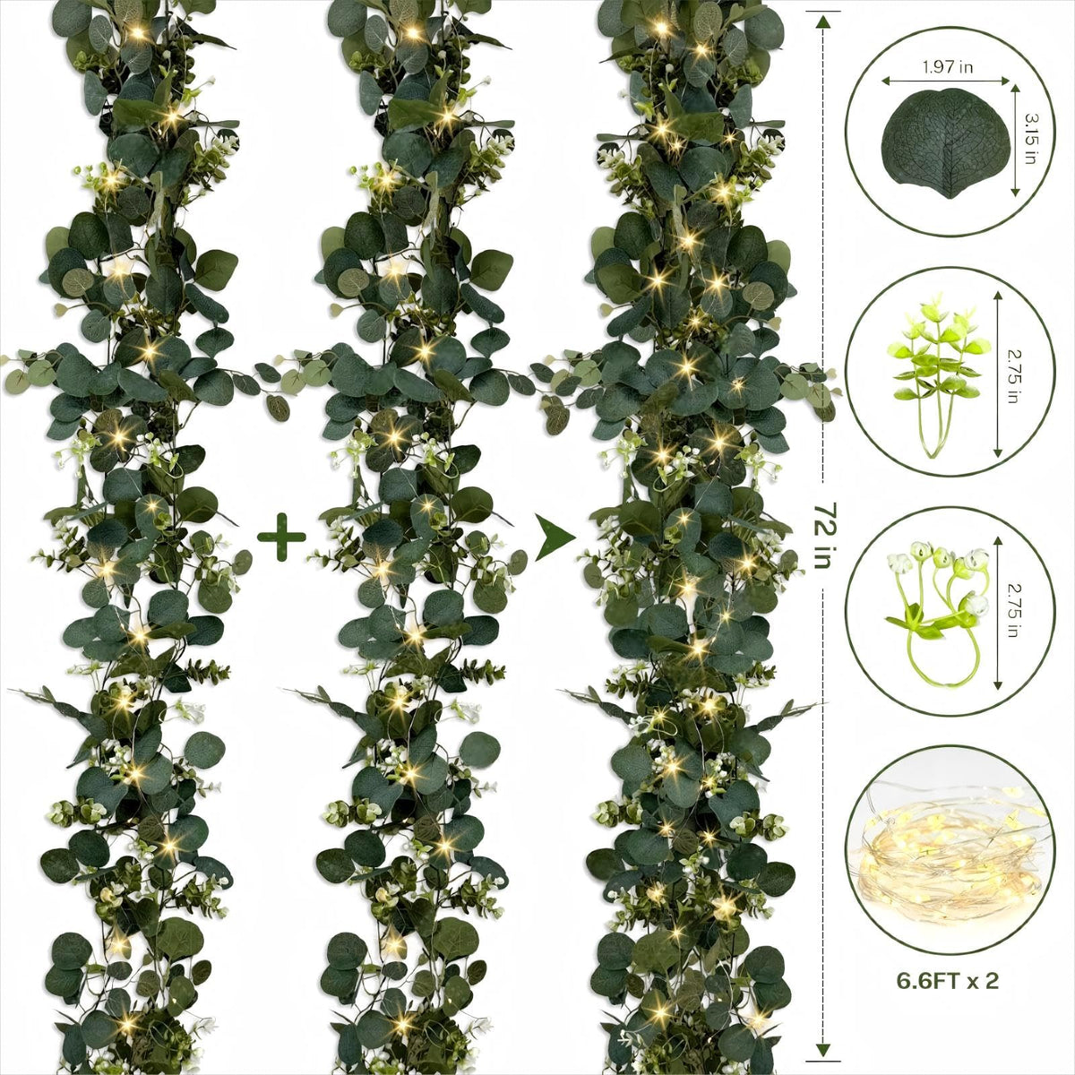 WEITANKG artificial eucalyptus garland with LED lamps ideal for mantels and arches.