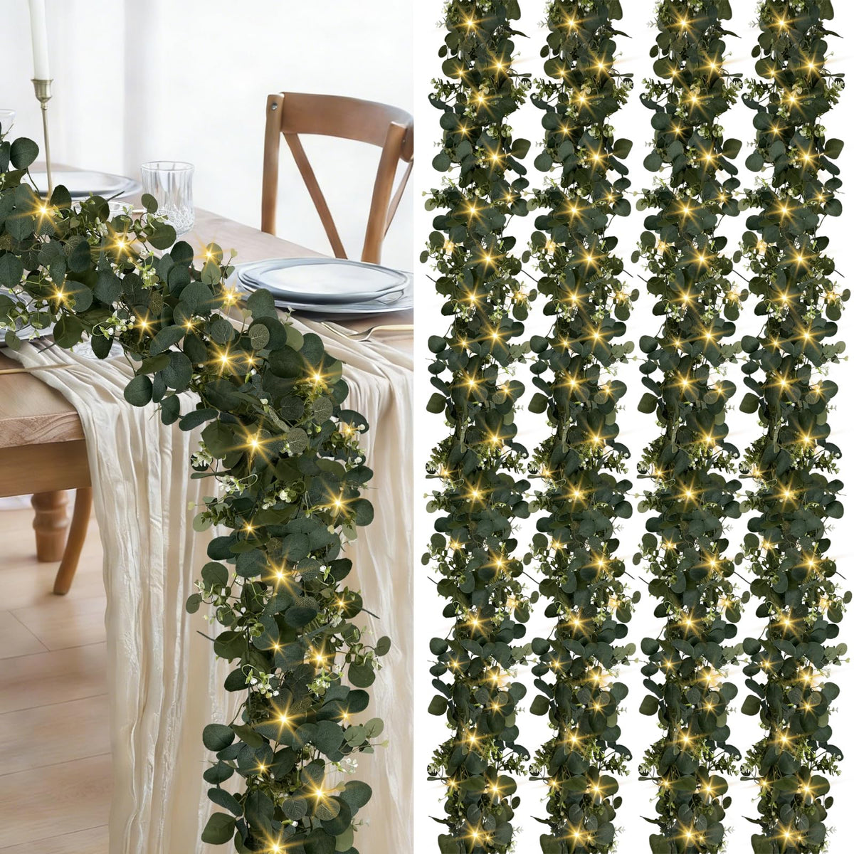 WEITANKG eucalyptus garland with lights for 6ft display adds warm ambience indoors.