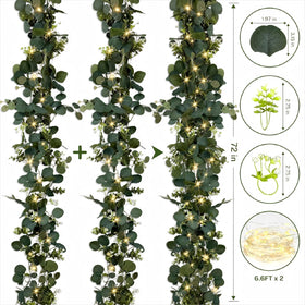 WEITANKG eucalyptus garland with lights placed on mantle backdrop for cozy evenings.