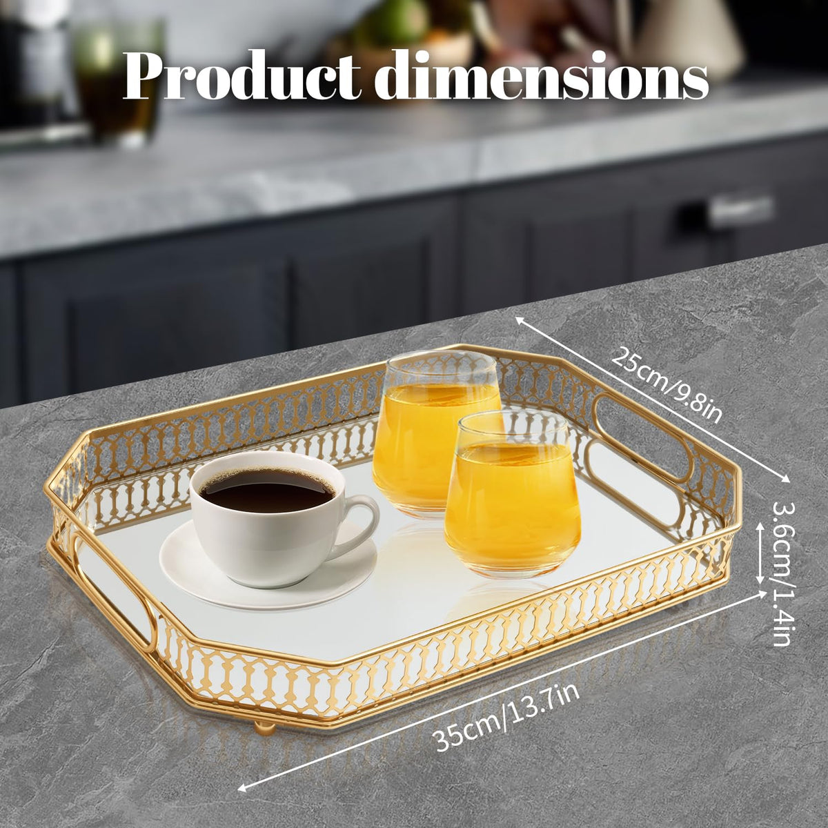 WELAISA gold frame ornate tray adds elegance to vanity display.