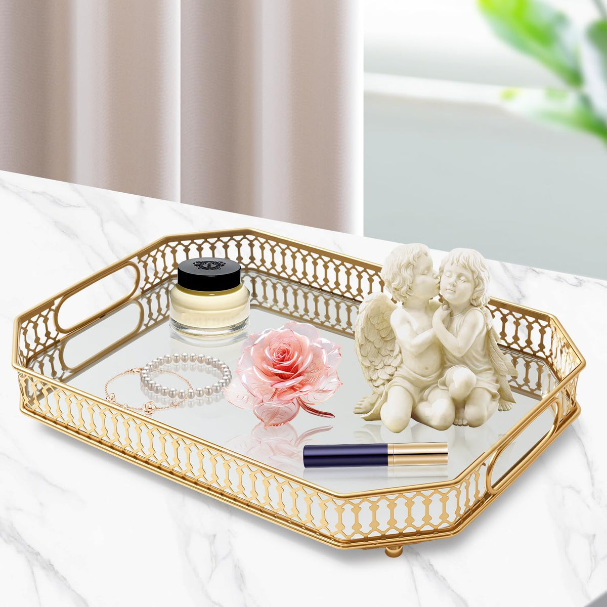 WELAISA large vanity tray stores perfumes and jewelry neatly.