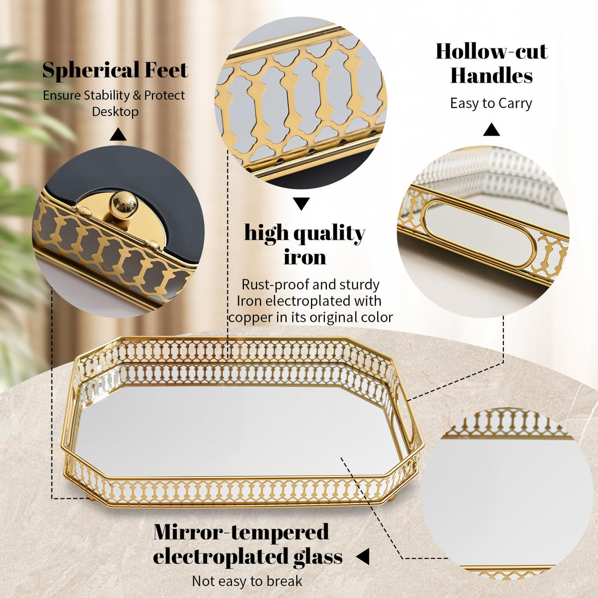 WELAISA mirror tray closeup reveals glass detail for premium display.
