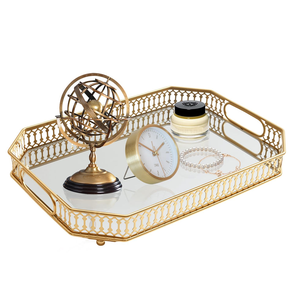 WELAISA vintage gold mirrored tray full setup shows elegant vanity organization.