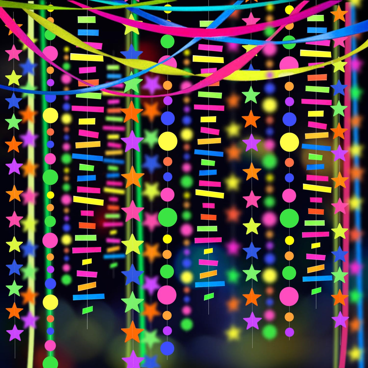 WELITTCON 703feet neon streamers glow under blacklight for bold party backdrops.