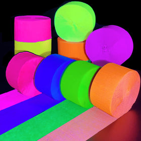 Welittcon neon crepe streamers in green glow under UV, ideal party decor