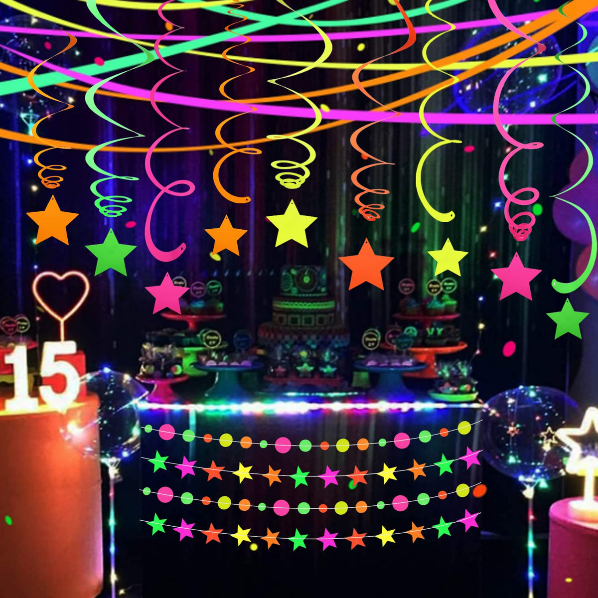WELITTCON star neon garland 37ft glows under blacklight for ceiling accents