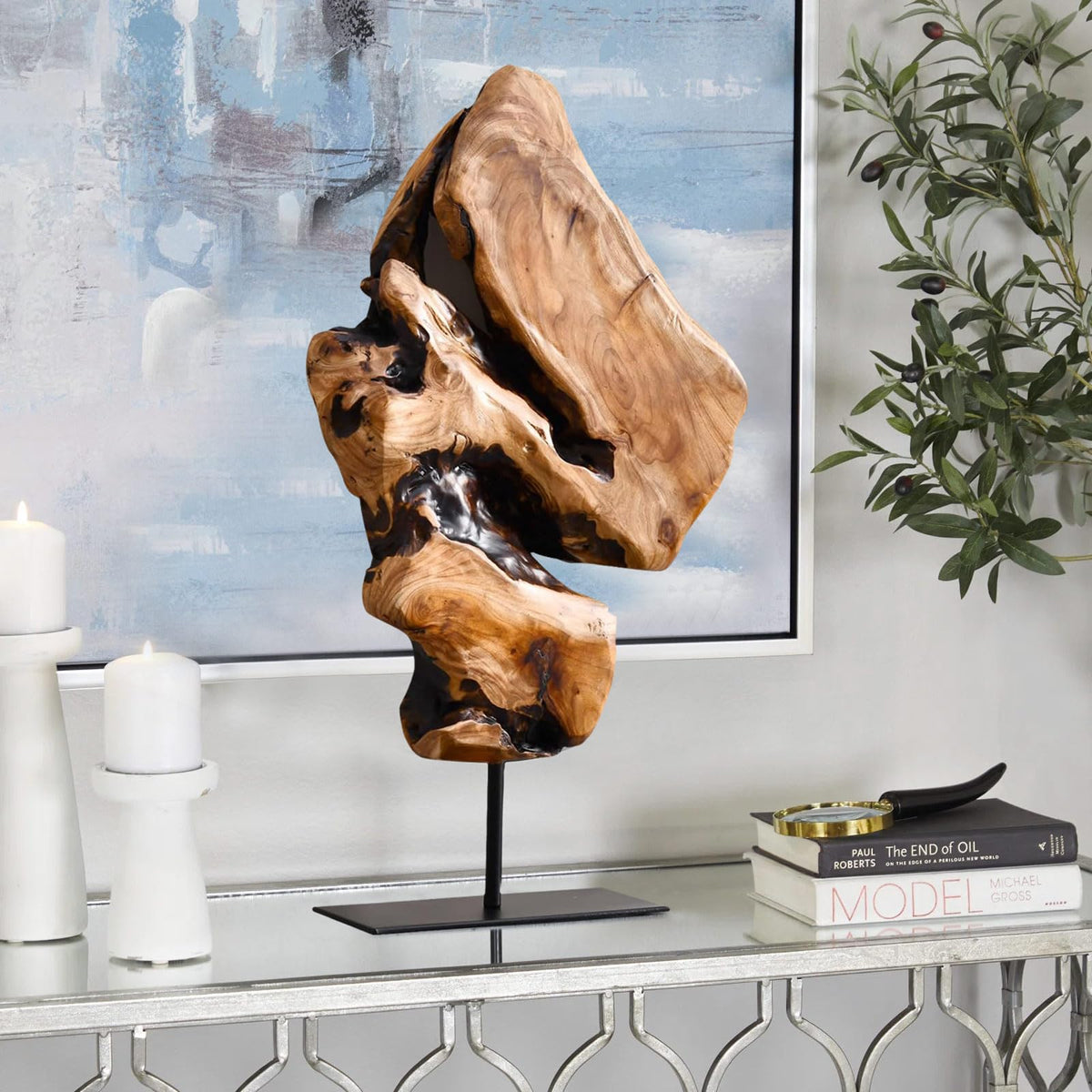 WELLAND cedar sculpture irregular edge side view accents a minimalist desk