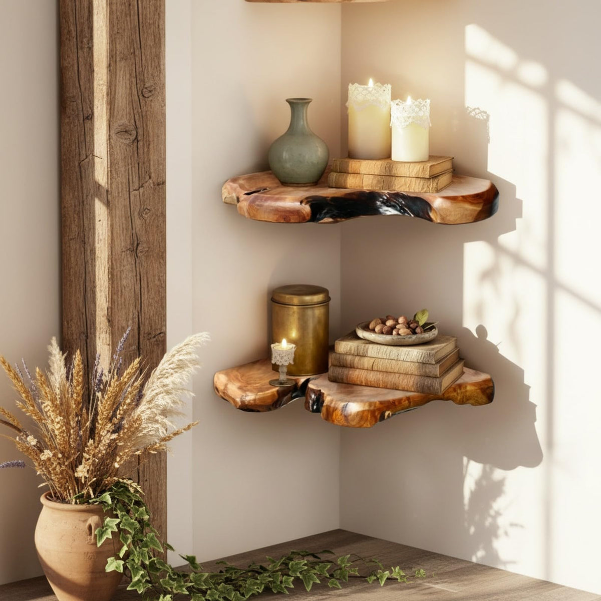 WELLAND corner shelf living-room display with plants and framed photos.