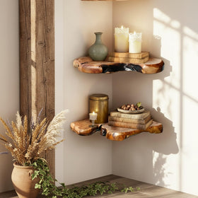 WELLAND corner shelf living-room display with plants and framed photos.