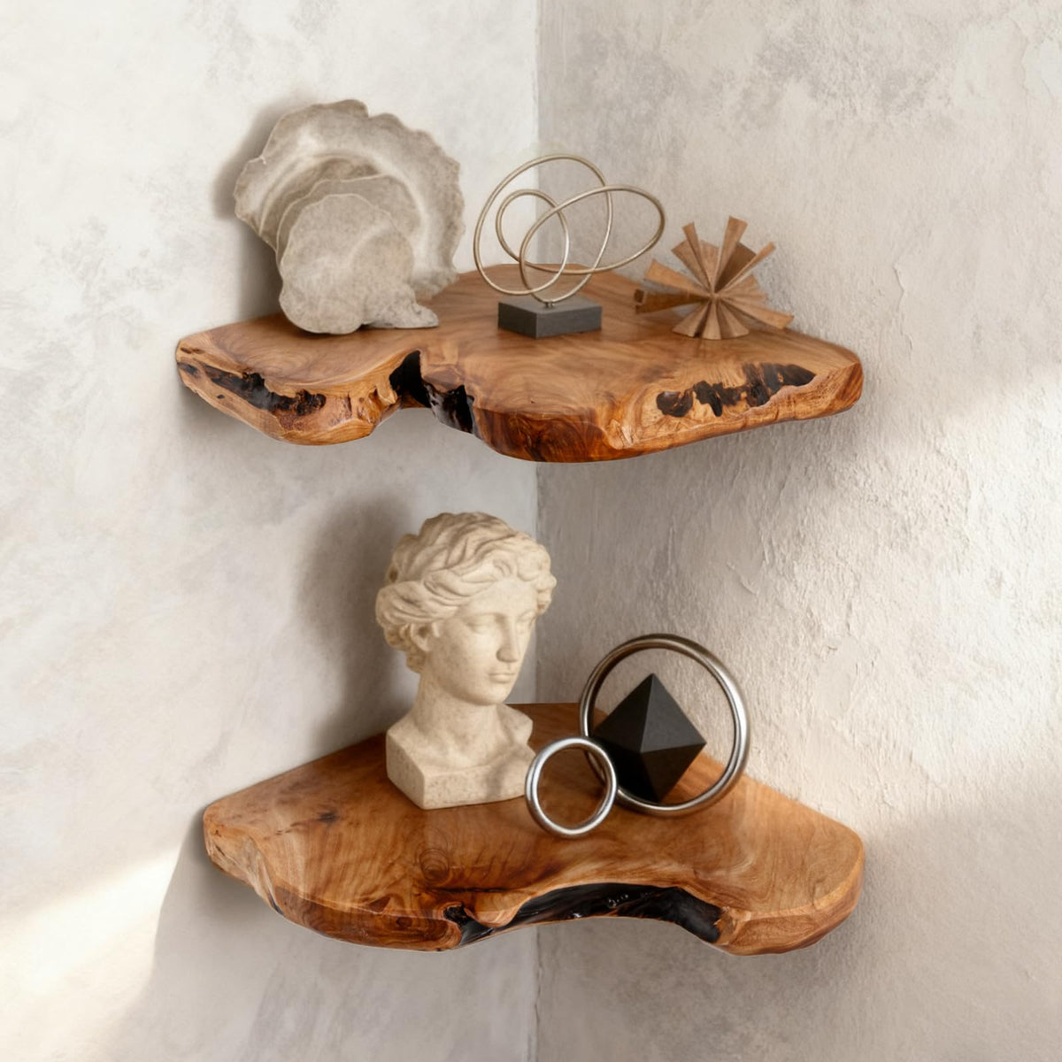 WELLAND corner shelf wood-grain detail, warm rustic touch for living room organization.