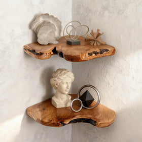 WELLAND corner shelf wood-grain detail, warm rustic touch for living room organization.