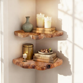 WELLAND floating corner shelf set 2 wall-mounted, natural wood grain, ideal for space-saving display.