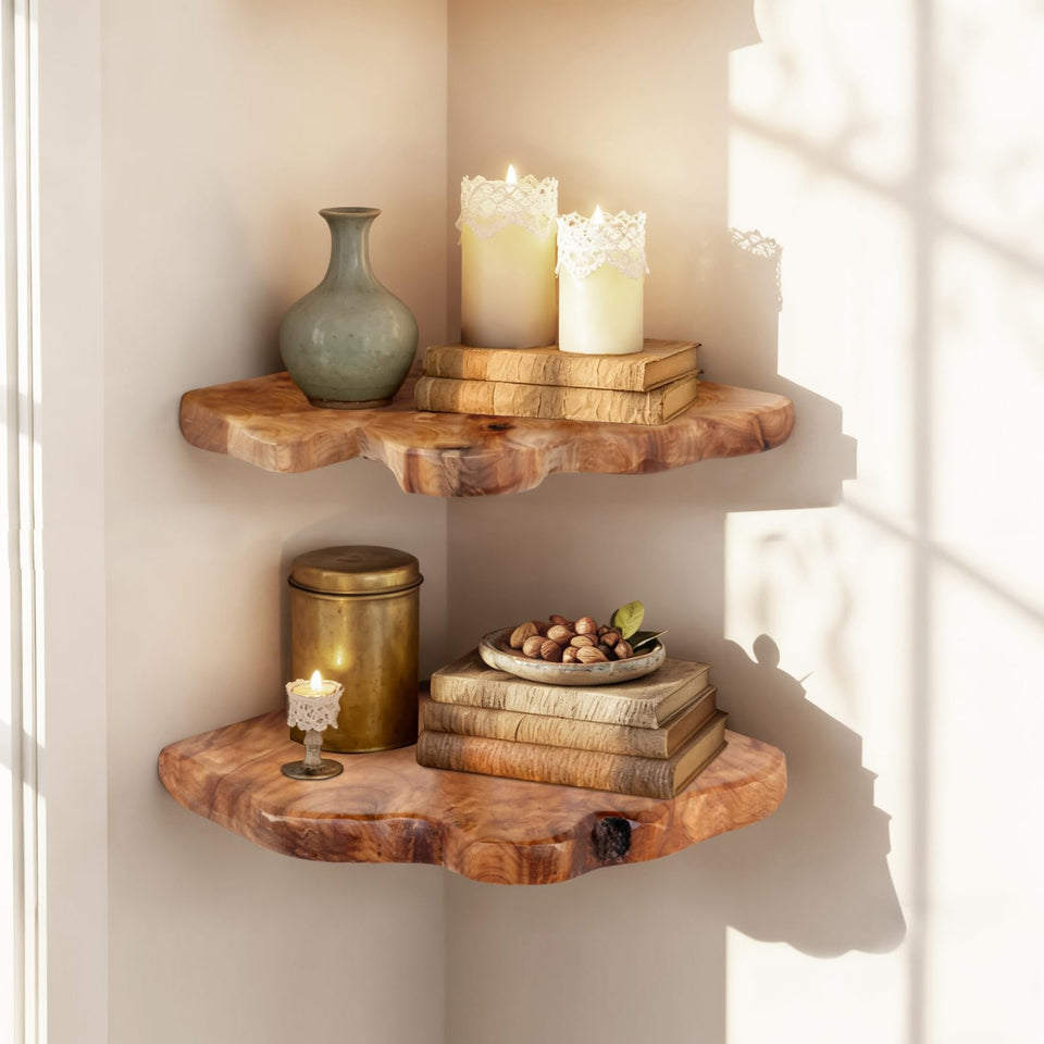 WELLAND floating corner shelf set 2 wall-mounted, natural wood grain, ideal for space-saving display.