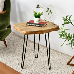 WELLAND Live Edge Cedar End Table side view highlights natural contour and sturdy silhouette.