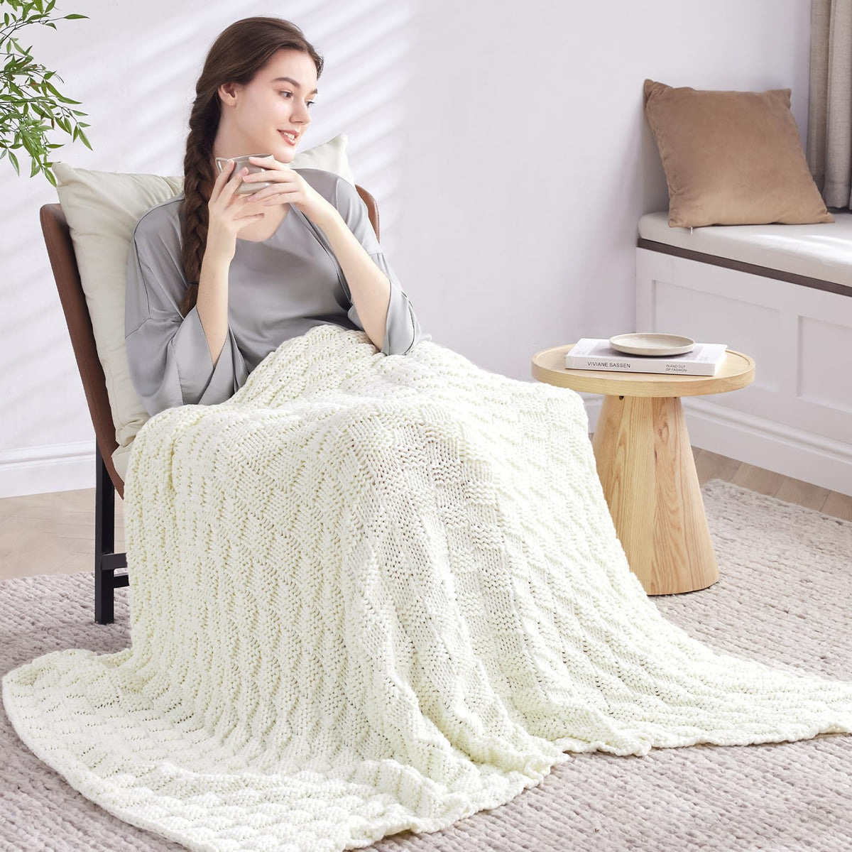 Wellfeel calm bedroom ambiance with ivory knit blanket for sleep-ready vibes.