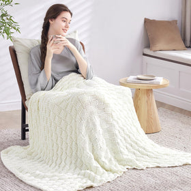 Wellfeel calm bedroom ambiance with ivory knit blanket for sleep-ready vibes.