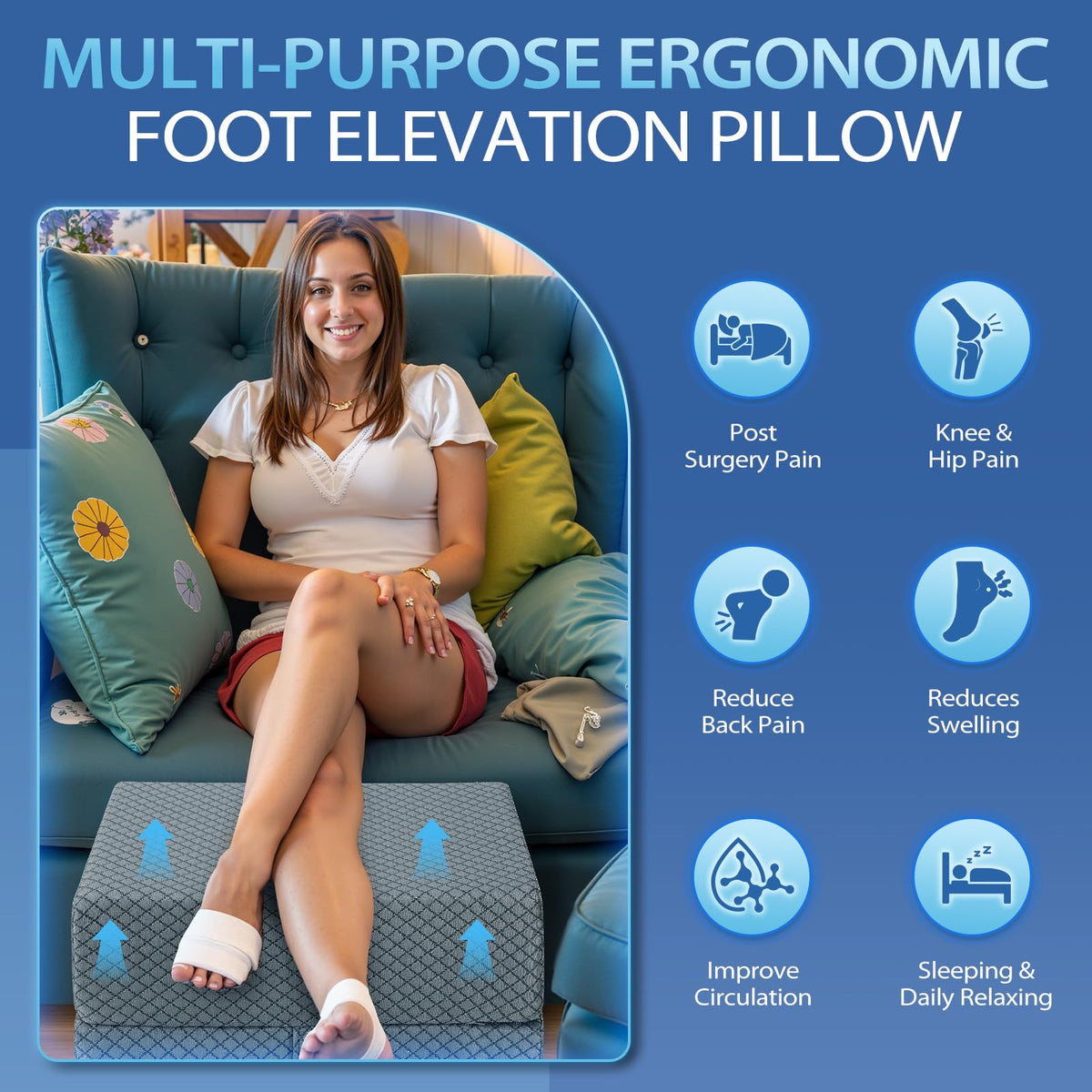 Wellsin leg elevation pillow in use on bed and sofa for resting