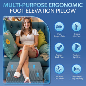 Wellsin leg elevation pillow in use on bed and sofa for resting