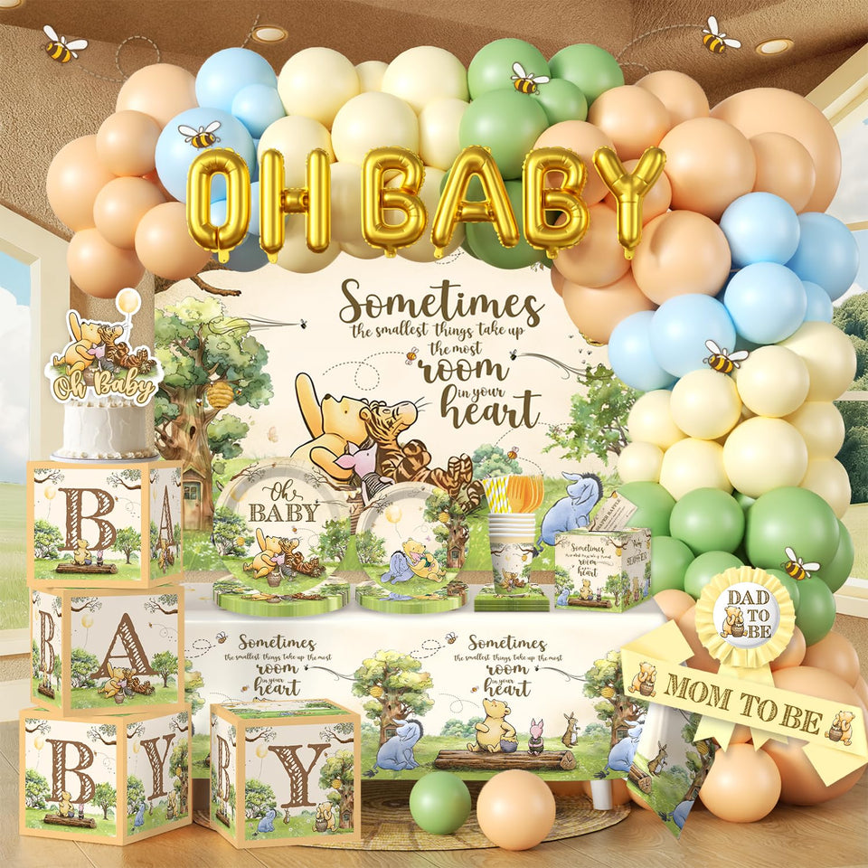 Wellspar classic bear backdrop enhances a warm woodland baby shower stage