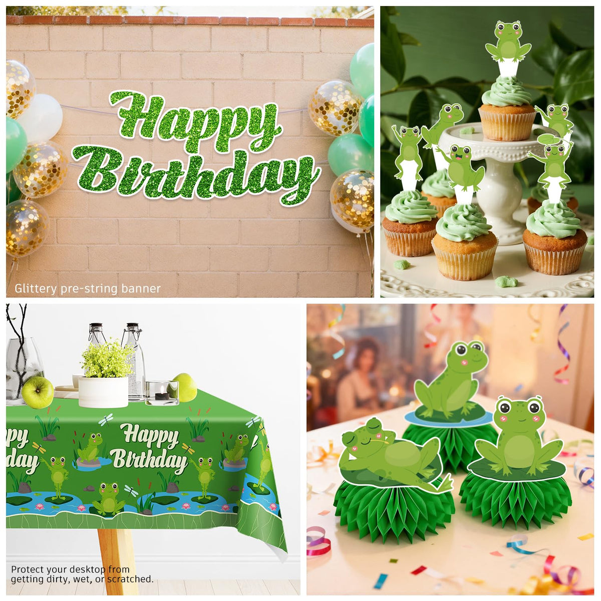 Wellspar frog balloon accents illuminate the party in green.