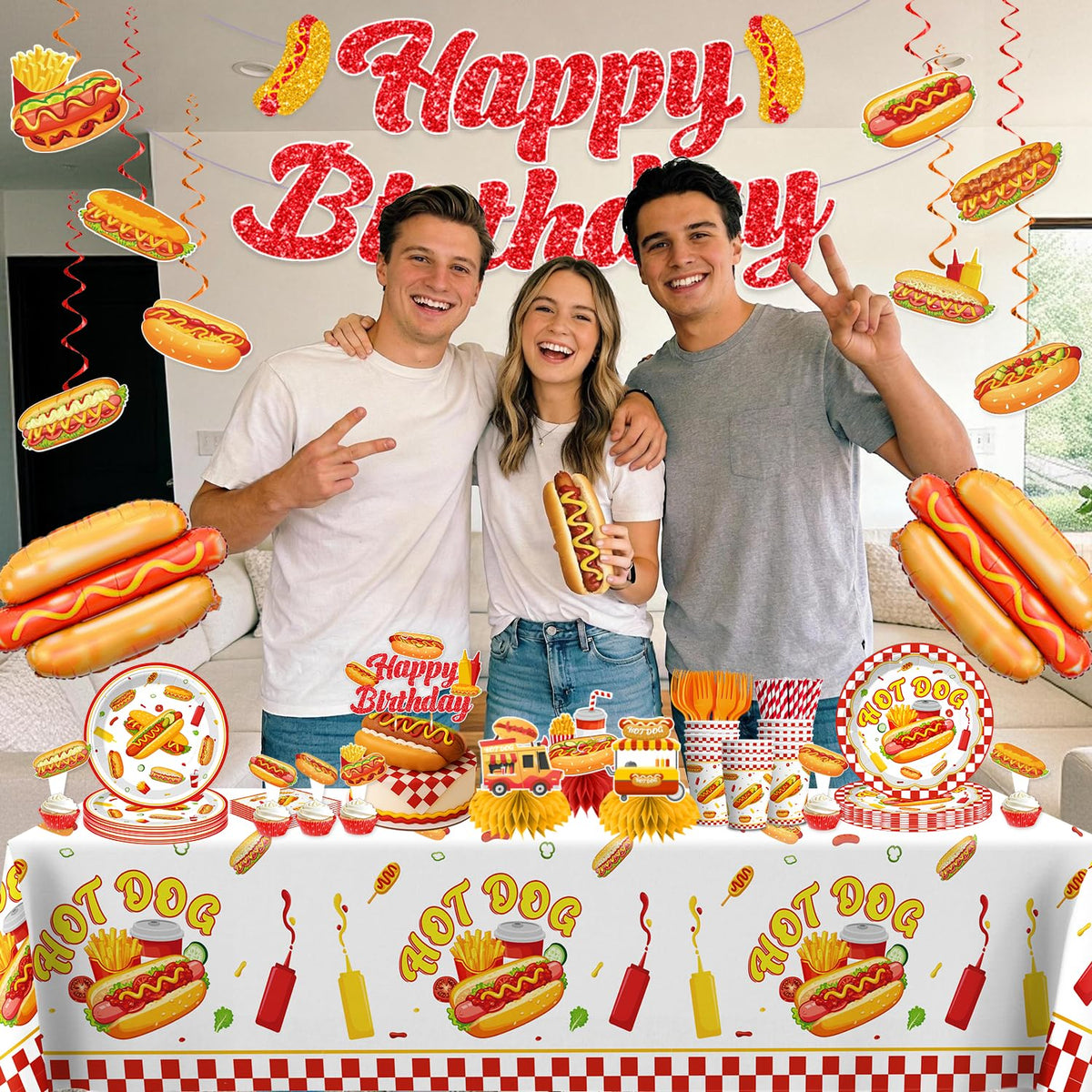 Wellspar hot dog plastic tablecloths protect surfaces while tying the theme