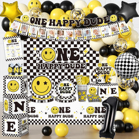 Wellspar One Happy Dude balloon arch setup for a festive first birthday photo moment.