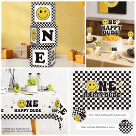 Wellspar One Happy Dude tablecloth protects surfaces with cheerful design.