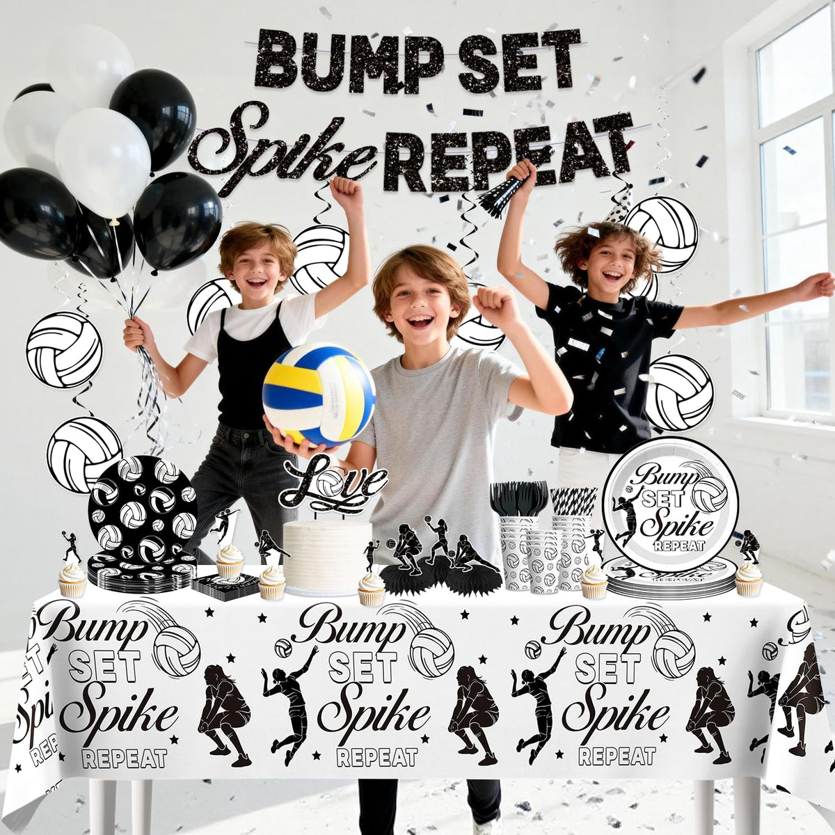 Wellspar volleyball balloons fill the venue with festive black and white accents