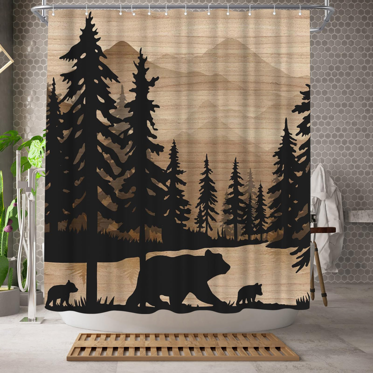 WELMECO bear print curtain in a cozy bathroom setting