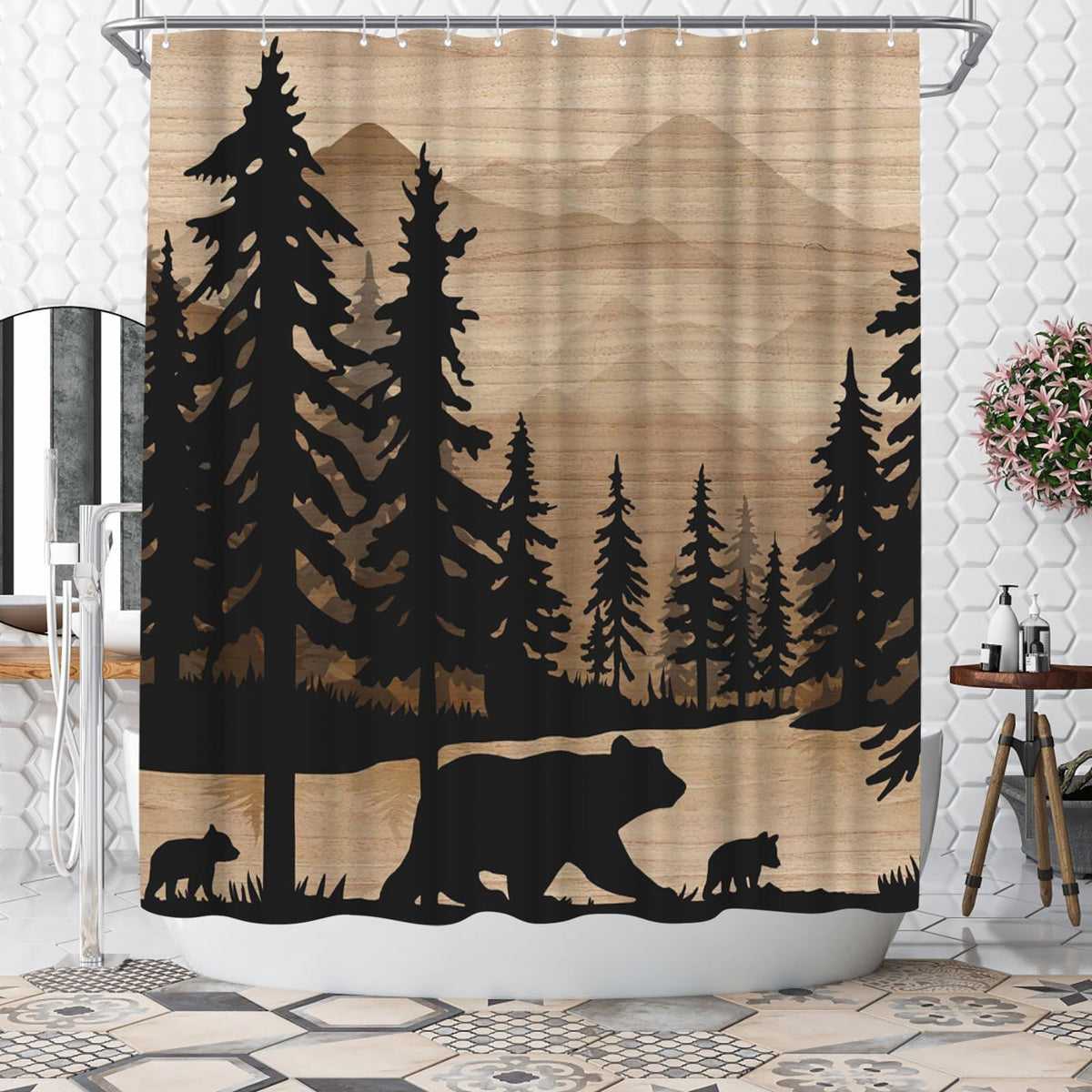 WELMECO bear shower curtain with forest design enhances rustic bathroom ambiance and coverage