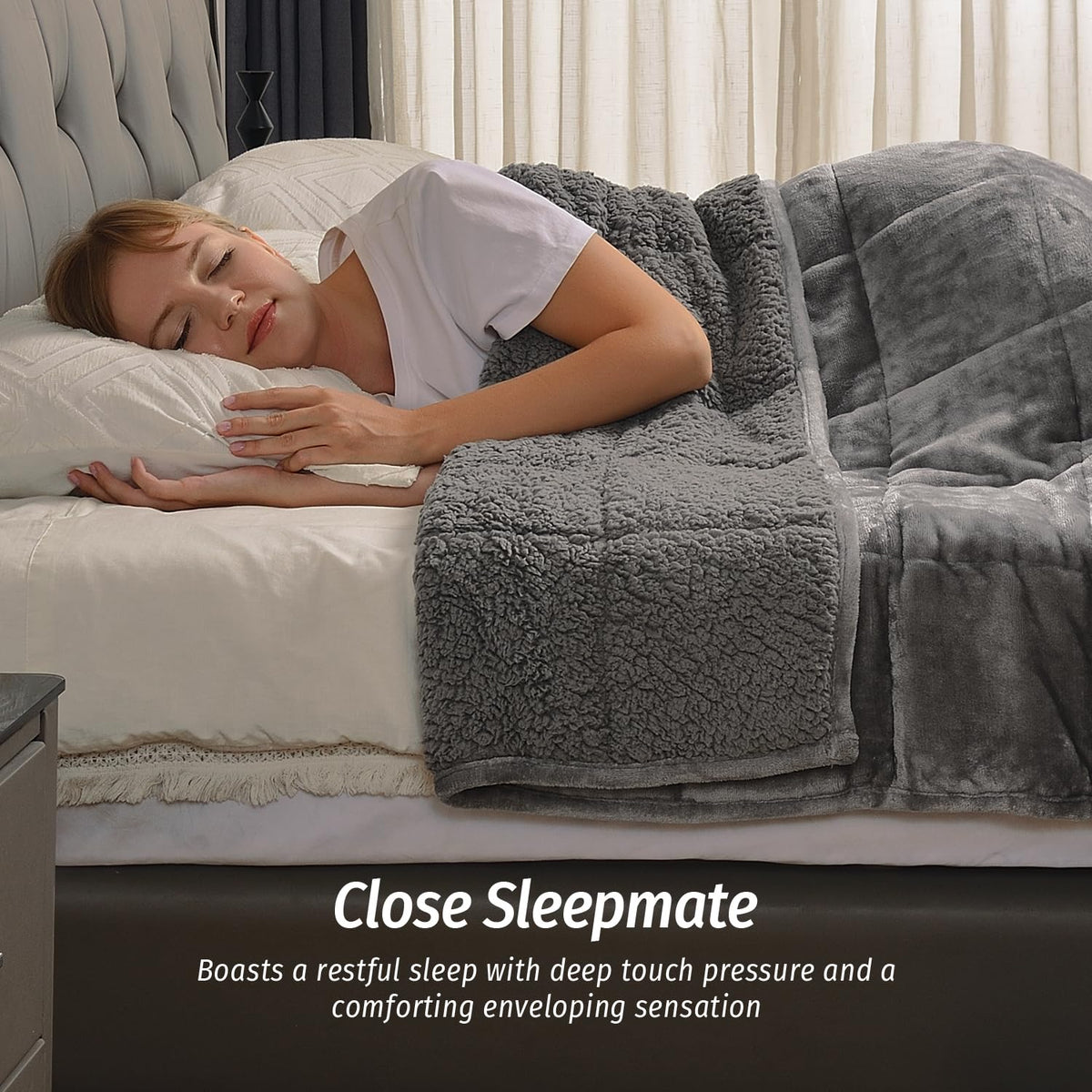 Wemore sherpa fleece weighted blanket closeup shows plush fleece texture
