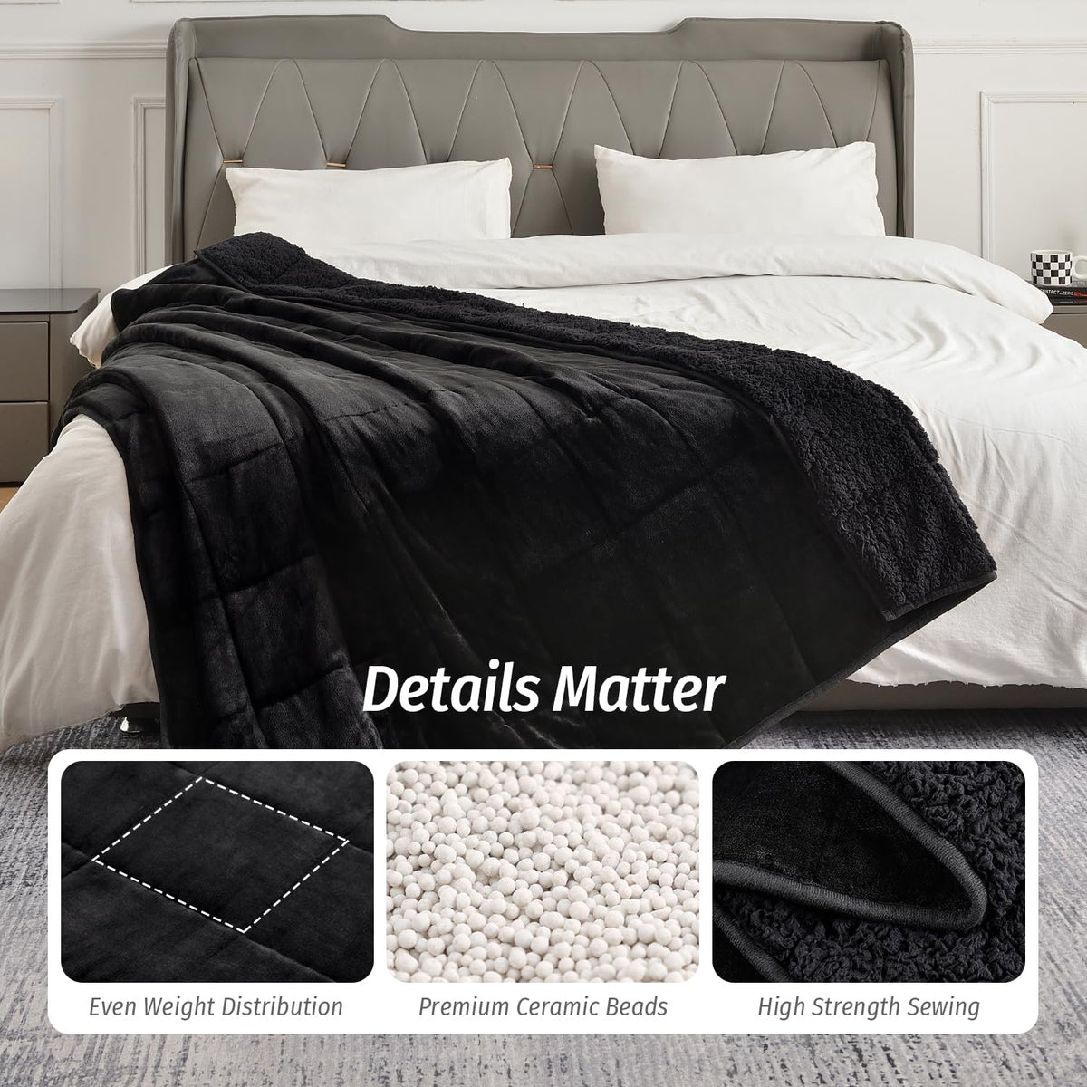 Wemore Sherpa weighted blanket bead layer detail reduces movement noise.