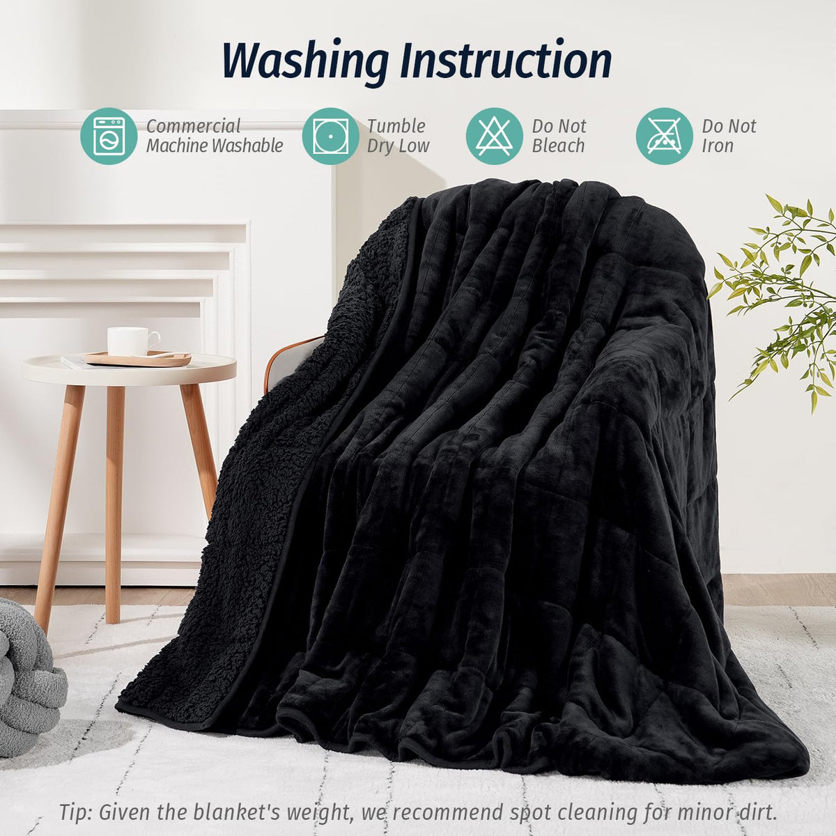 Wemore Sherpa weighted blanket durable finish resists wrinkles and fading.