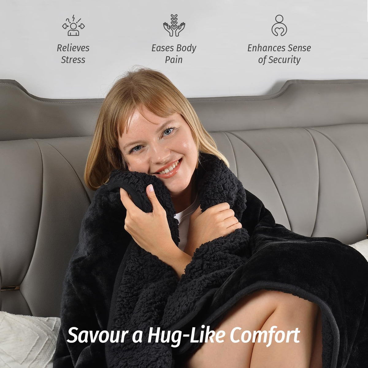 Wemore Sherpa weighted blanket reverse sherpa detail highlights fluffy backing.