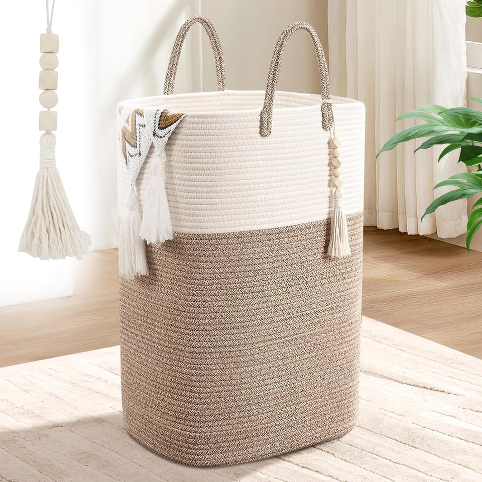WENMER 65L woven laundry basket with wooden bead tassel adds boho flair and practical storage.