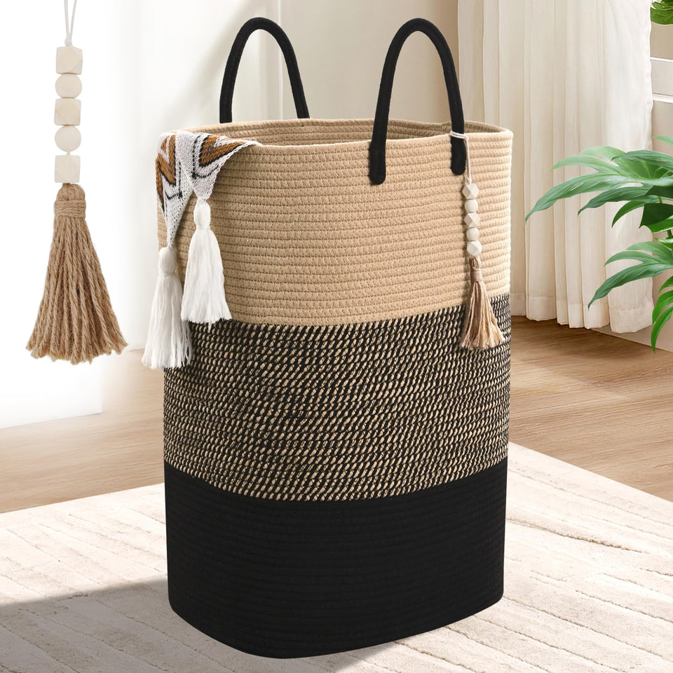 WENMER woven laundry basket 65L with bead tassel for stylish storage